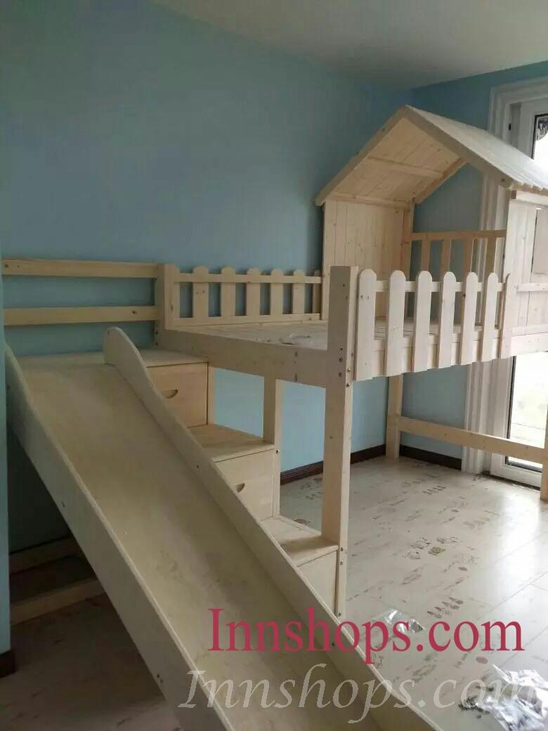 兒童皇國 松木實木組合床滑梯+梯櫃 小朋友床*可訂做呎吋(不包床褥)(IS4846)